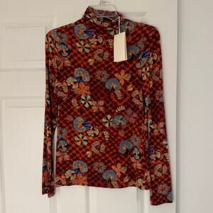 NWT Ulla Johnson Aurelia Turtleneck Oasis M Red Floral Sheer Long Sleeve Top